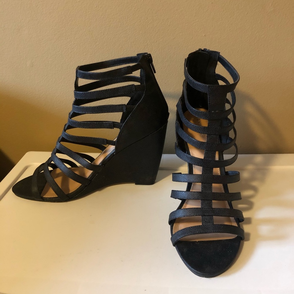 Black Caged Strappy Wedges Express